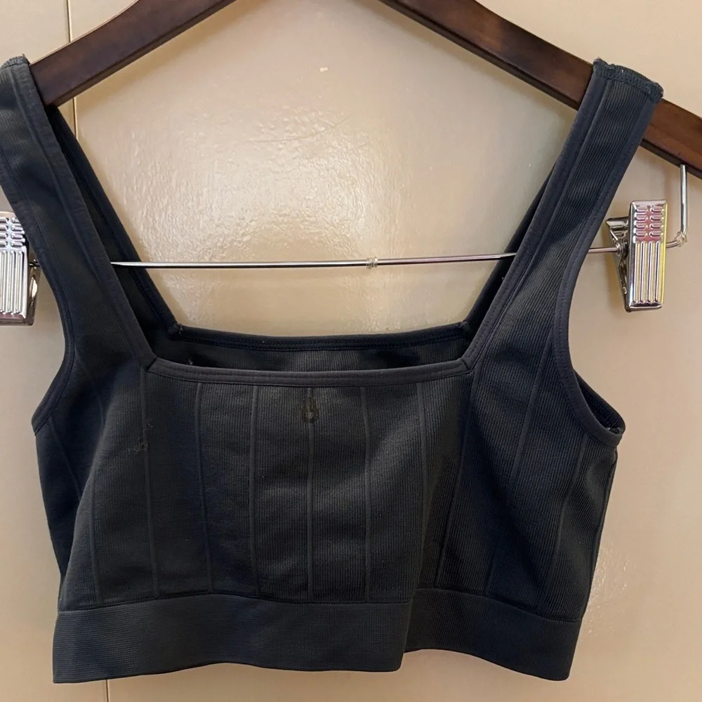 Spiritual Gangster Ribbed Seamless Sports Bra Charcoal Grey XS S Square Neck